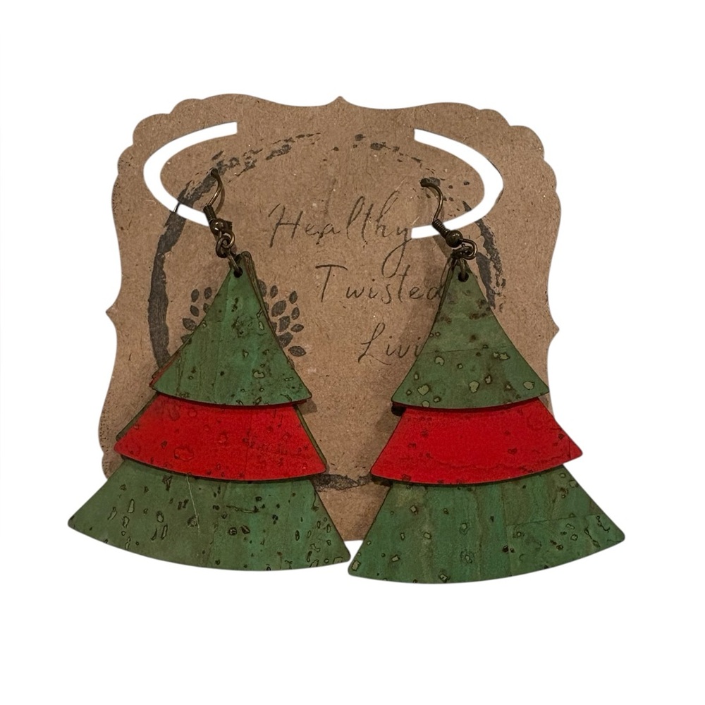 5 for $25🎄Green Red Christmas Tree Earrings Holiday Cork Leather Lightweight